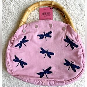 Donna Dixon Small Handbag Dragonflies Embroidered Fabric Bamboo Handle, New